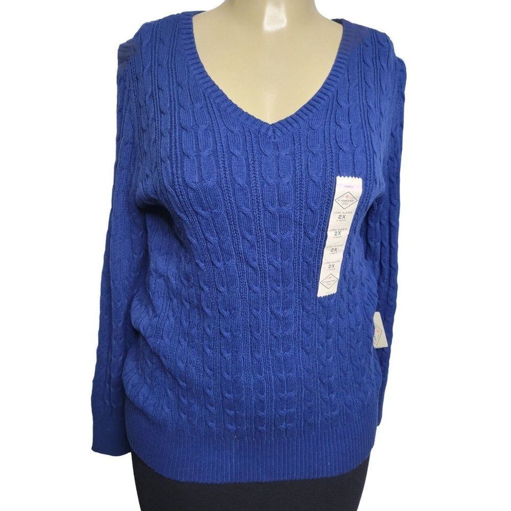 Blue Cable Knit V-Neck Sweater - Women
